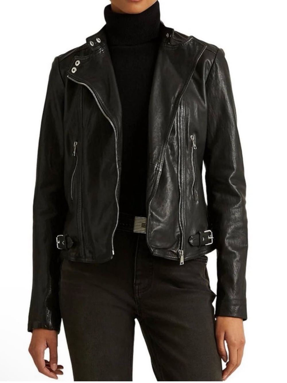 Ralph Lauren Black Leather Moto Jacket with Silver Hardware Size 8 (no size tag)